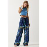  Women's Navy Light Blue Patterned Draped Viscose Palazzo Trousers Cene