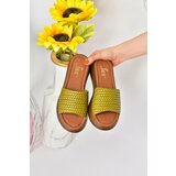 Fox Shoes Green Genuine Leather Women's Thick Banded Knitted Model Daily Slippers Cene