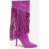 Boto Women's High Heel Boots with Fringes Purple Isalune | Shoptok.si