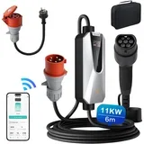 Tip 2 EV električni avtomobilski polnilni kabel – 11kW, nastavljiv tok, LCD zaslon, prenosni polnilnik 6 m z vtičem Schuko 6-16A IP67 APP Vključuje ad, (22155326)