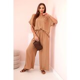 Kesi Włoski Women's viscose set with decorative flower and wide trousers - camel | shoptok.hr