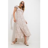Trend Alaçatı Stili Women's Beige Square Neck Floral Pattern Woven Dress cene