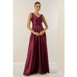 By Saygı V-Neck Thick Strap Waist Beaded Lined Wide Size Long Satin Dress | Shoptok.si