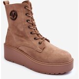 Kesi Beige suede work ankle boots on a solid platform beige bench Cene