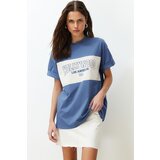 Trendyol Indigo Color Block City Print Oversize/Wide Fit Knitted T-Shirt Cene