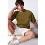 Trendyol Men's Khaki Oversize Tropical Embroidery 100% Cotton T-Shirt Cene