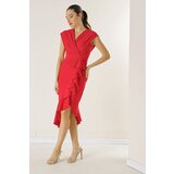 By Saygı Double Breasted Collar Front Flounce Lined Crepe Dress Cene