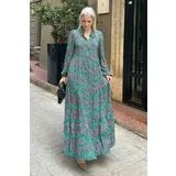 Madmext Green Polo Neck Floral Dress With Elastic Ankles and Half Buttons