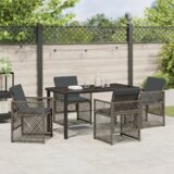 vidaXL 5 komadni vrtni set za obedovanje s jastučićima sivi poli ratan, vrtni stol crni 140x80x73 cm kaljeno staklo | shoptok.hr
