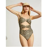 Koton Leopard Patterned Swimsuit with Window Detail and Metal Accessories
