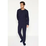 Trendyol Men's Navy Blue Regular Fit Towel Fabric Label Detailed Knitted Pajama description