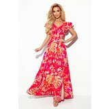 NUMOCO 310-4 LIDIA long dress with a neckline and frills - PINK WITH FLOWERS Cene