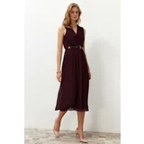 Trendyol Plum Pleated Double Breasted Collar Chiffon Lined Midi Woven Dress