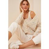 Happiness İstanbul Women's Cream Floral Embroidered Cardigan Athlete Knitwear Suit Cene