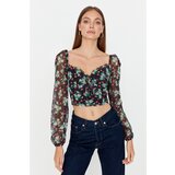 Trendyol Black Crop Collar Printed Tulle Knitted Blouse | shoptok.hr