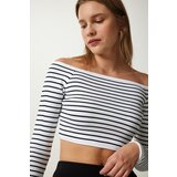 Happiness İstanbul Women's White Square Neck Striped Crop Blouse Cene