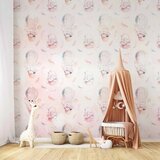  Foto tapeta - Solid pattern with feathers - hares in a basket and in a balloon for children 500x350 Vodootporna | shoptok.hr