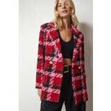  Women's Red Pink Double Breasted Collar Patterned Elegant Woven Jacket Cijene