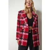 Happiness İstanbul Women's Red Pink Double Breasted Collar Patterned Elegant Woven Jacket