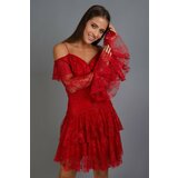 Carmen Red Lace Long Sleeve Short Evening Dress Cene