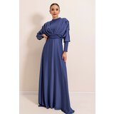 By Saygı Front Back Pleated Sleeves Button Detailed Lined Long Satin Dress Indigo. Cene
