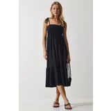 Happiness İstanbul Women's Black Strappy Crinkle Summer Knitted Dress