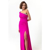 Lafaba Women's Fuchsia One-Shoulder Long Evening Dress with Stones. | Shoptok.si
