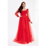 Carmen Red Lurex Tulle Front Embroidered Long Sleeve Engagement Dress cene