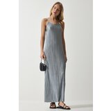 Happiness İstanbul Women's Gray Strappy Summer Pleated Dress Cene