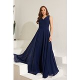 Carmen Navy Blue Chiffon Off-Neck Long Evening Dress and Invitation Dress Cene