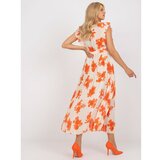Fashion Hunters Beige and orange long pleated dress with prints Cene