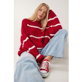 Happiness İstanbul WOMEN'S RED BALLOON SLEEVE STRIPED KNITWEAR SWEATER HI00003 cene