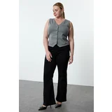 Trendyol Curve Gray Striped V Neck Knitted Plus Size Vest