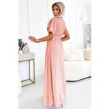 numoco basic 545-4 Long dress with pleated neckline and tie - peach color | Shoptok.si