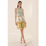 By Saygı Large Floral Patterned Short Chiffon Skirt Yellow With Elastic Waist Lined