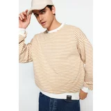 Trendyol Men's Beige Oversize Striped Fleece Inside Cotton Sweatshirt