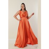 By Saygı V-Neck Plus Size Satin Dress with Thick Straps and Beaded Lined Waist Cene