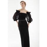 Lafaba Women's Black Balloon Sleeve and Stone Belted Long Evening Dress Cene