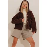 Trend Alaçatı Stili Women's Bitter Brown Hooded Plush Coat with Double Pockets