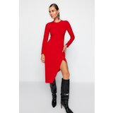 Trendyol Red Crewneck Knitted Midi Dress with a Slit Detail Fitted Body Cene
