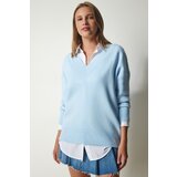 Happiness İstanbul Women's Sky Blue V-Neck Oversize Knitwear Sweater Cene