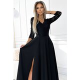 Numoco AMBER Elegant Lace Long Dress with Neckline and Slit on Legs - Black | shoptok.hr