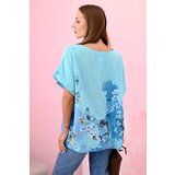 Kesi Włoski Women's cotton shirt with butterflies and flowers turquoise | Shoptok.si
