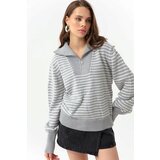 Lafaba Women's Gray Zipper Detailed Striped Knitwear Sweater Cene