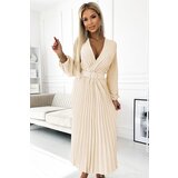 numoco basic 504-7 VIVIANA Pleated midi dress with scoop neckline, long sleeves and wide belt - light beige | Shoptok.si