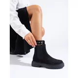 SHELOVET Black suede ankle boots with buckle