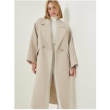 Happiness İstanbul Women's Beige Premium Double Breasted Collar Patterned Long Cachet Wool Coat Cene