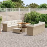 vidaXL 11 dijelni set vrtnih kauča s jastučićima bež poli ratan acacia, 3 dijelni set za objedovanje u vrtu s jastučićima bež poli ratan acacia | shoptok.hr