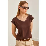 Olalook Women's Bitter Brown Silver Stitching Detailed V-Neck Knitted Viscose Blouse