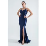 Lafaba Women's Navy Blue Stone Strap Long Evening Dress